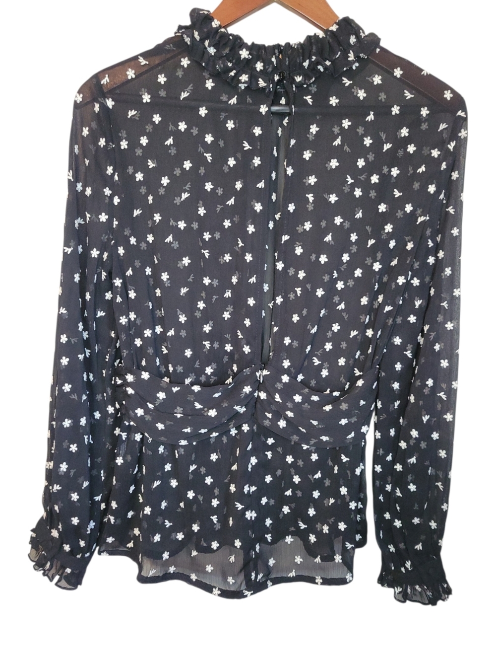 Zara Sheer Embroidered Blouse Small Black Floral Mesh Ruffle Neck Peplum Top - Picture 7 of 10